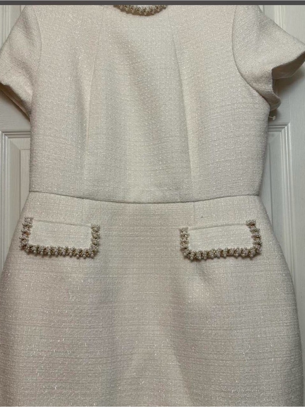 NADINE MERABI Ivory Tweed Midi Dress with Pearl Trim - Picture 4 of 7